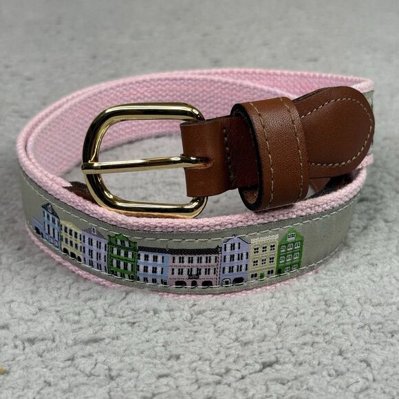 Rainbow Row Charleston Ribbon Belt Mens 36 Pink Web Canvas Leather Preppy Golf - Picture 1 of 8